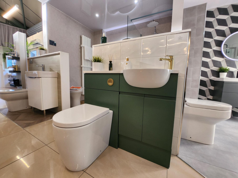 Discover our stunning dark green bathroom furniture, perfect for a modern touch.